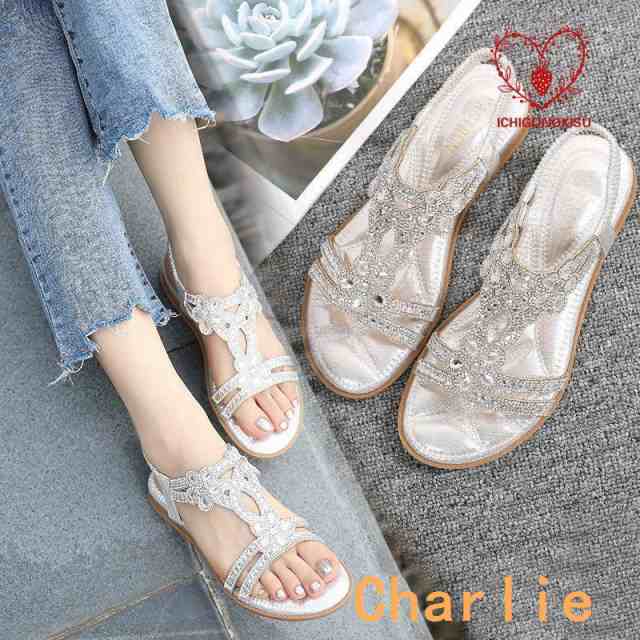 サンダル レディース 春夏 履きやすい フラットサンダル グラディエーター トングサンダル シューズ ミュールサンダル ラインストーン ビーチサンダル 美脚