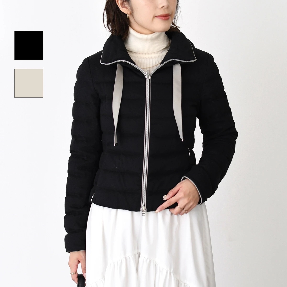 ダウン アウター PI00131DR 38087 カシミアシルク ダウンジャケット レディース ベージュ ブラック 黒 秋 冬 パイピング 無地 カジュアル 68,640円