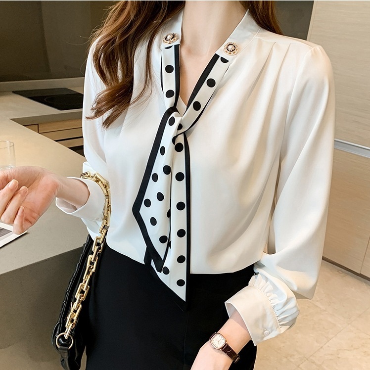 棒ネクタイシャツ カジュアルシャツ オフィスカジュアル 長袖シフォンシャツ 春秋シャツ トップス シャツ ブラウス カットソー 白シャツ 白トップス 袖あり 長袖 Vネック スリム タイト ストレート 5,117円