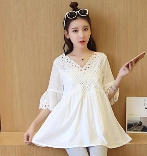 トップス シャツ ブラウス プルオーバー 七分袖 Vネック レース ワイド 薄手 かわいい きれいめ シンプル 上品 おしゃれ お洒落 かっこいい 可愛い 女子 ラブリー キュート