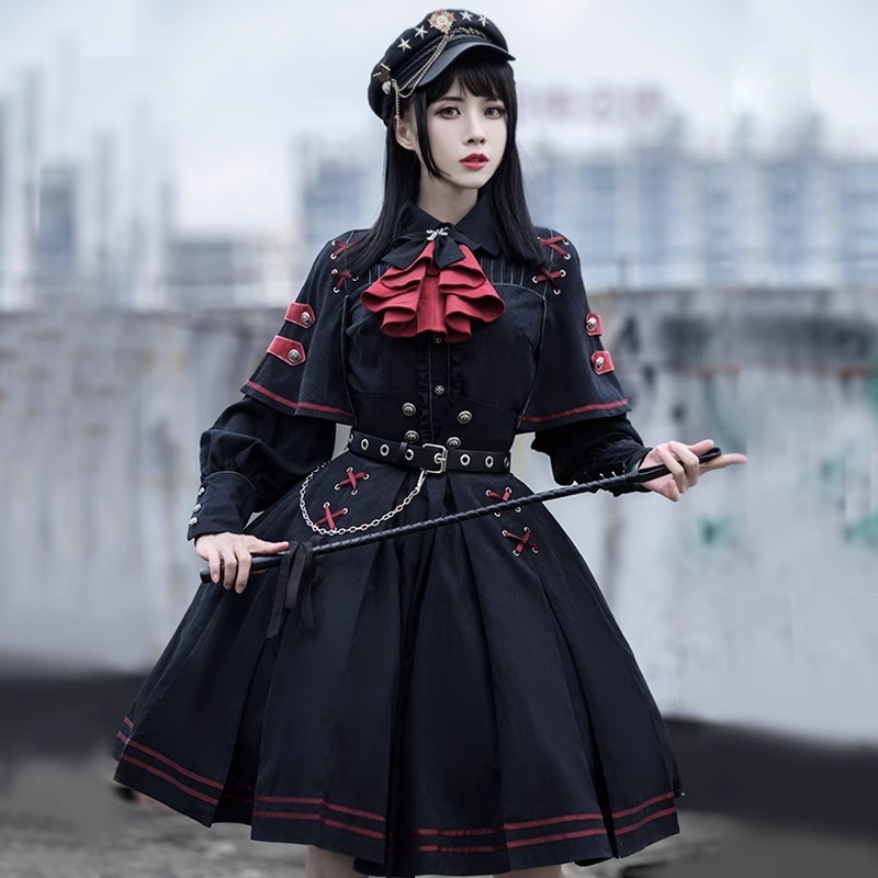 執行官風 配色デザイン 軍服ロリータ ブラウス スカート ハトメベルト シャボリボン セットアップ トップス ケープドッキング風 長袖 ロングカフス 襟付き 前立てフリル ダブルボタン