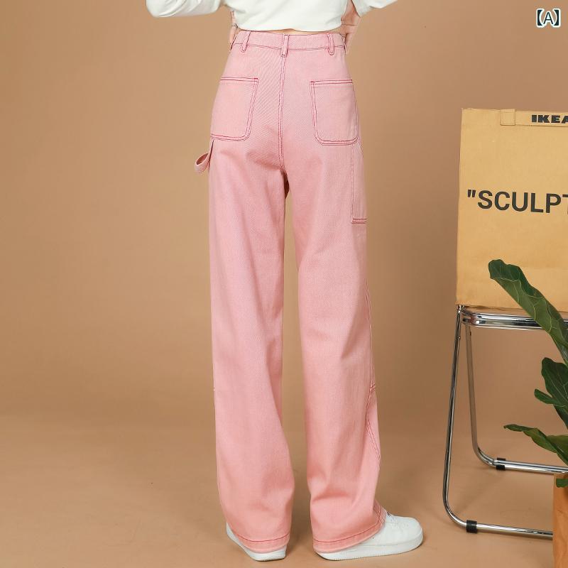 カーゴパンツ レディース カジュアル ハイウエスト 秋冬 ワイドパンツ ストレート デニム ジーンズ 韓国 ステッチ ピンク ブラック