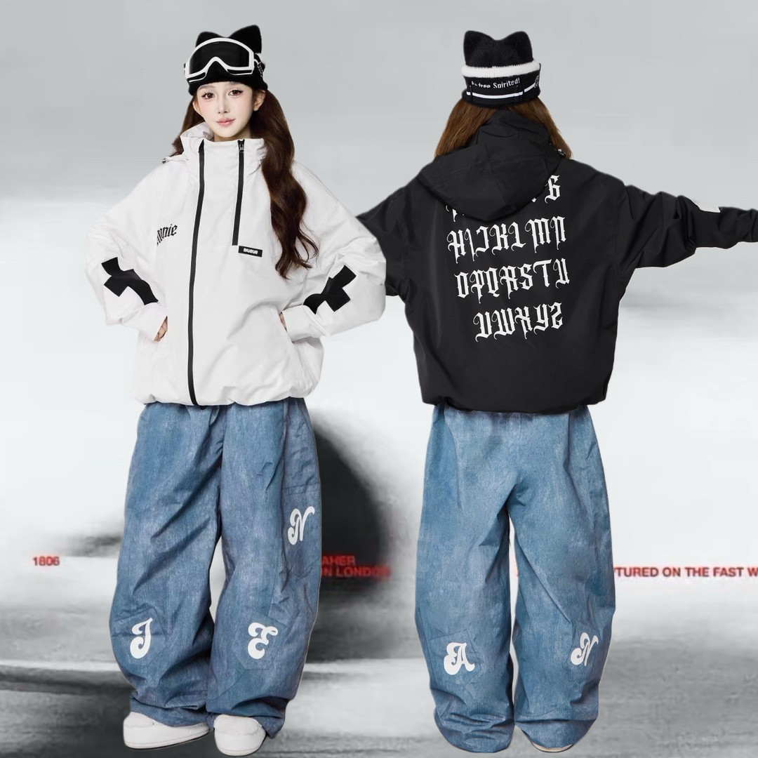 スノーボードウェア 2025 2026 デニム色 パンツ アルファベット 黒 白 3Lトップス スノパンツ スノウェア メンズ レディース スキーウェア スノボウェア スキー 防风撥水