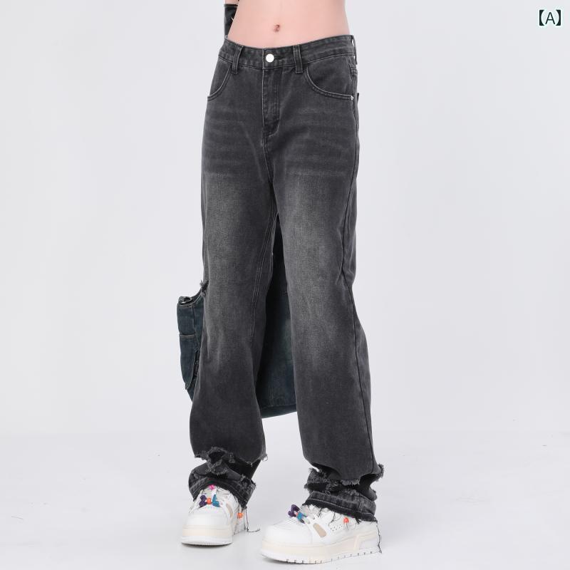 デニムパンツ レディース ダメージ ジーンズ クラッシュ ボトムス レトロ ストリート ウォッシュド ストレート ブラック ブルー