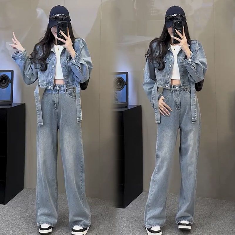 デニムスーツ 2024新デニムスーツ女性韓国版リーンレジャーショートジャケットストレートパンツ2点セット