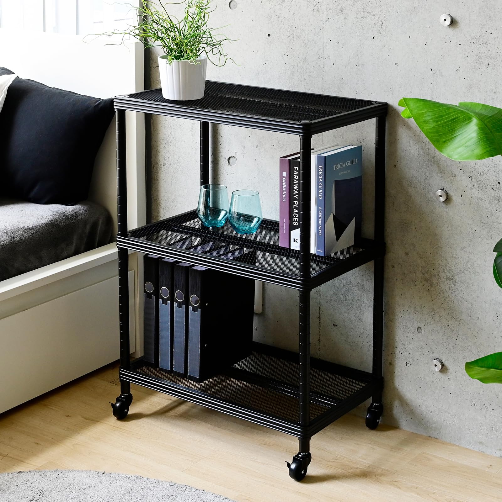 山善(YAMAZEN) ラック 棚 3段 キャスター付き 全体耐荷重90kg (高さ調節可能/荷重に強いキャスター) 幅60×奥行39×高さ90cm キッチンラック 収納ラック 組立品 ブラック MN