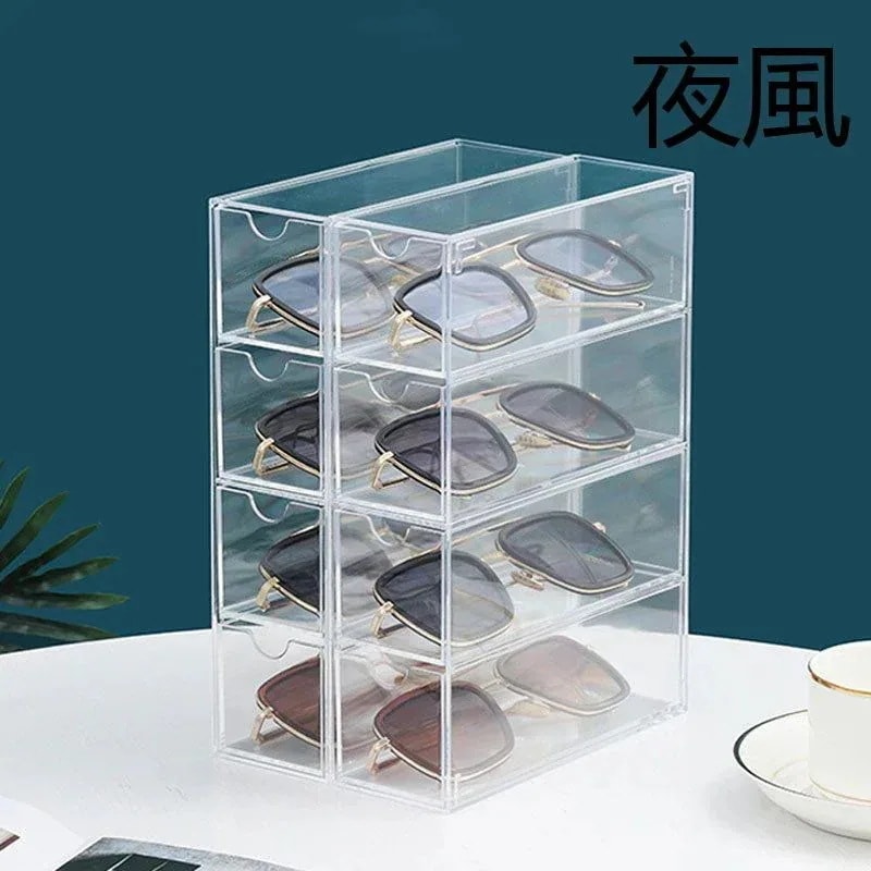 【1つ買うと10個もらえる】アクリルメガネケース4段重ね可能デスクトップメガネサングラス展示ケース防塵文房具引き出し式収納ケース