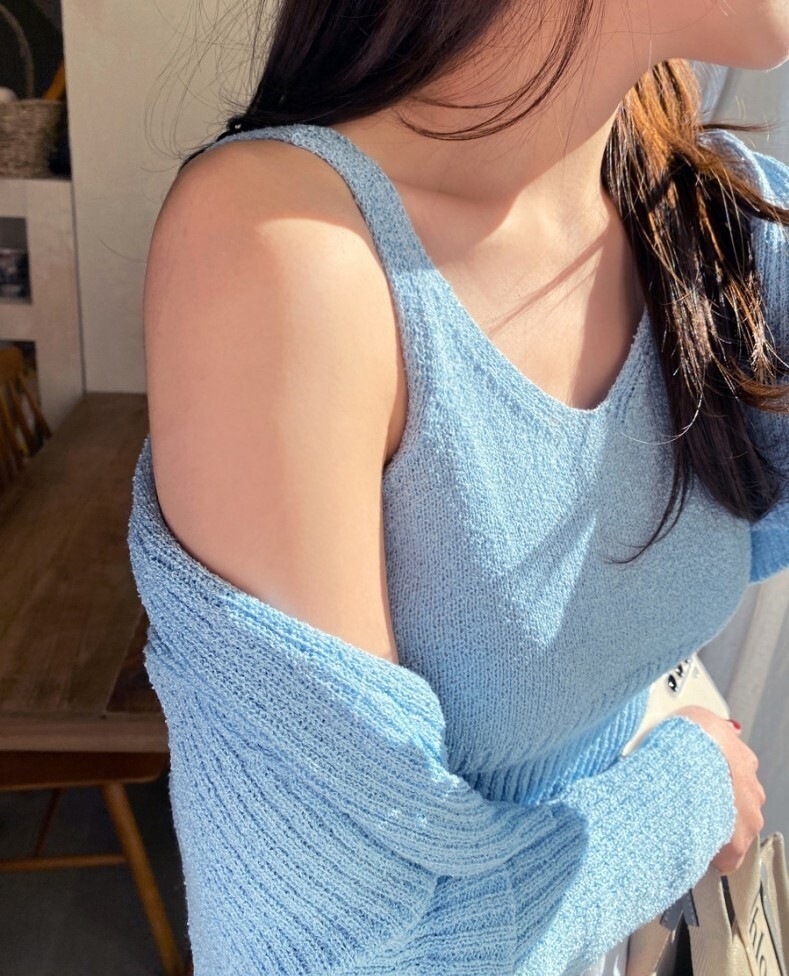 トップス ニットソー カーディガン キャミソール ミニ ミニ丈 袖あり 長袖 Vネック 襟なし スリム タイト 細身 リブ 前開き 透け感 伸縮性 サマーニット 薄手 2点セット シンプル カジュアル