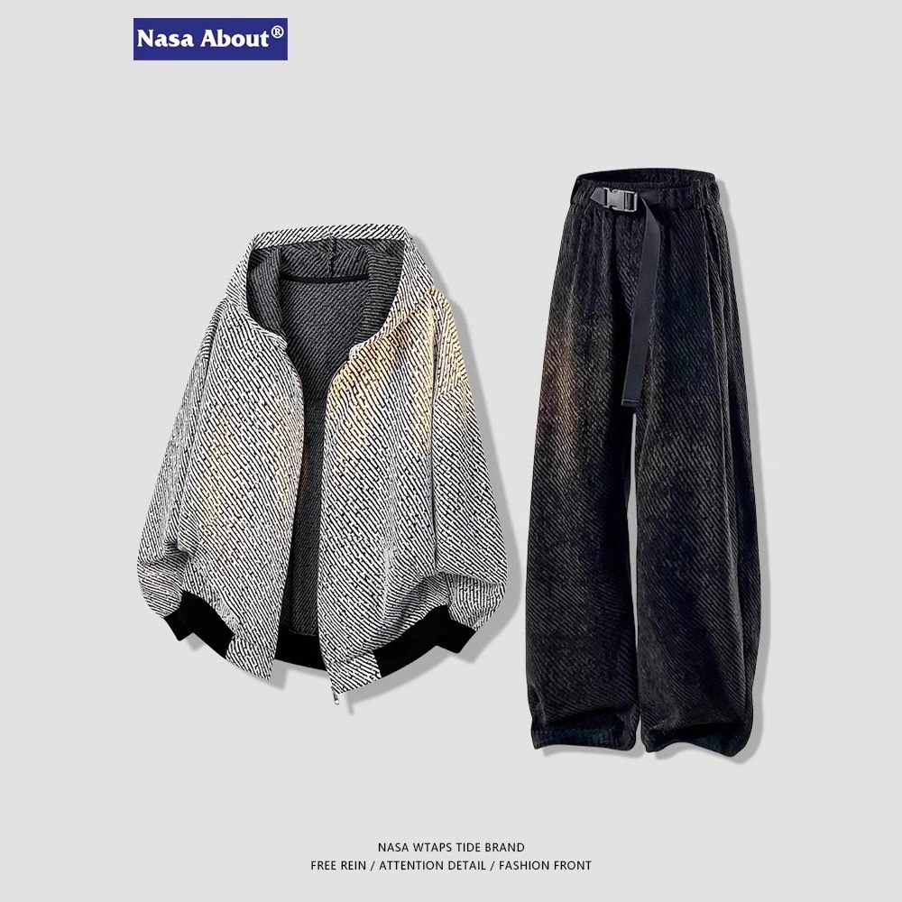 【人気メンズセット】カップルセット メンズ 2026 秋冬 新作 ストライプ フード付きスウェット アウター + ロングパンツ トレンディ セット