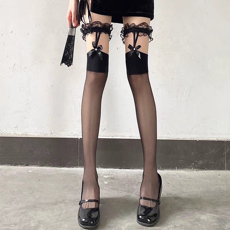 【1点ご購入 で10点プレゼントいたします】サスペンダーストッキング女性春秋レースレースハイソックス黒ハイソックス黒薄手