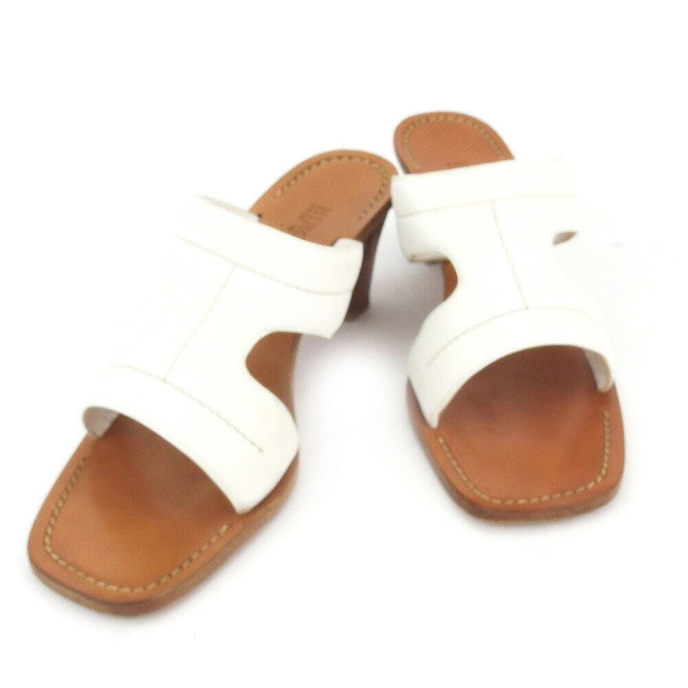 サンダル シューズ 靴 デザインレザー 24 スタックヒール ホワイト 白 ブラウン 中古