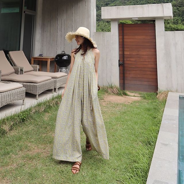 オールインワン サロペット レディース 大きいサイズ ワイドパンツ ロング 袖なし 花柄 シフォン リゾート お呼ばれ 春 夏 グリーン レッド