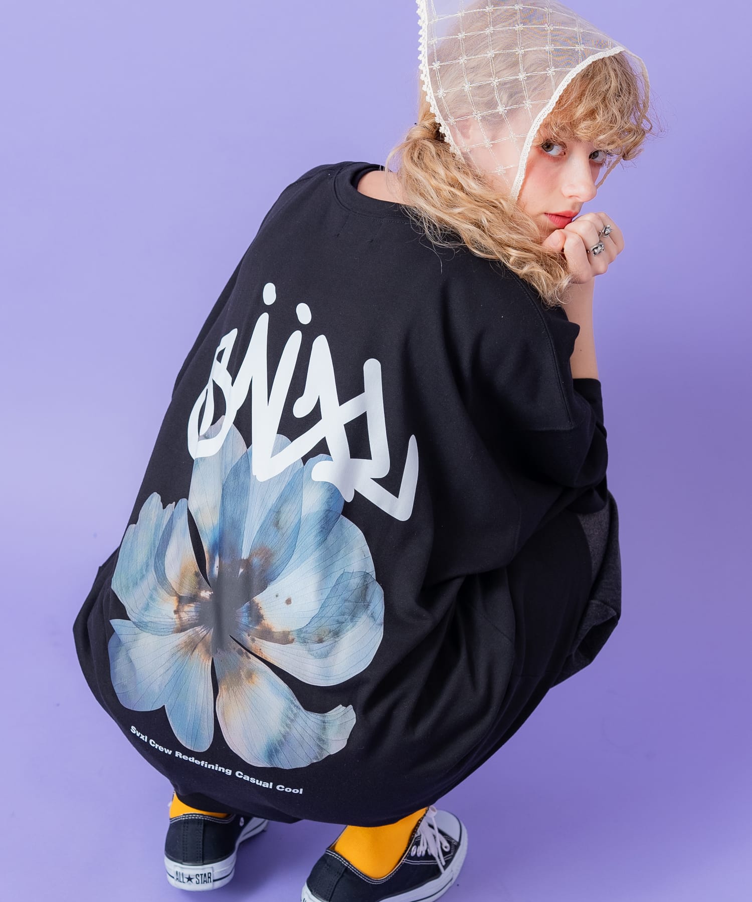 バックフラワー転写＆タギングロゴビッグプリントオーバーサイズTシャツ 「set0366」