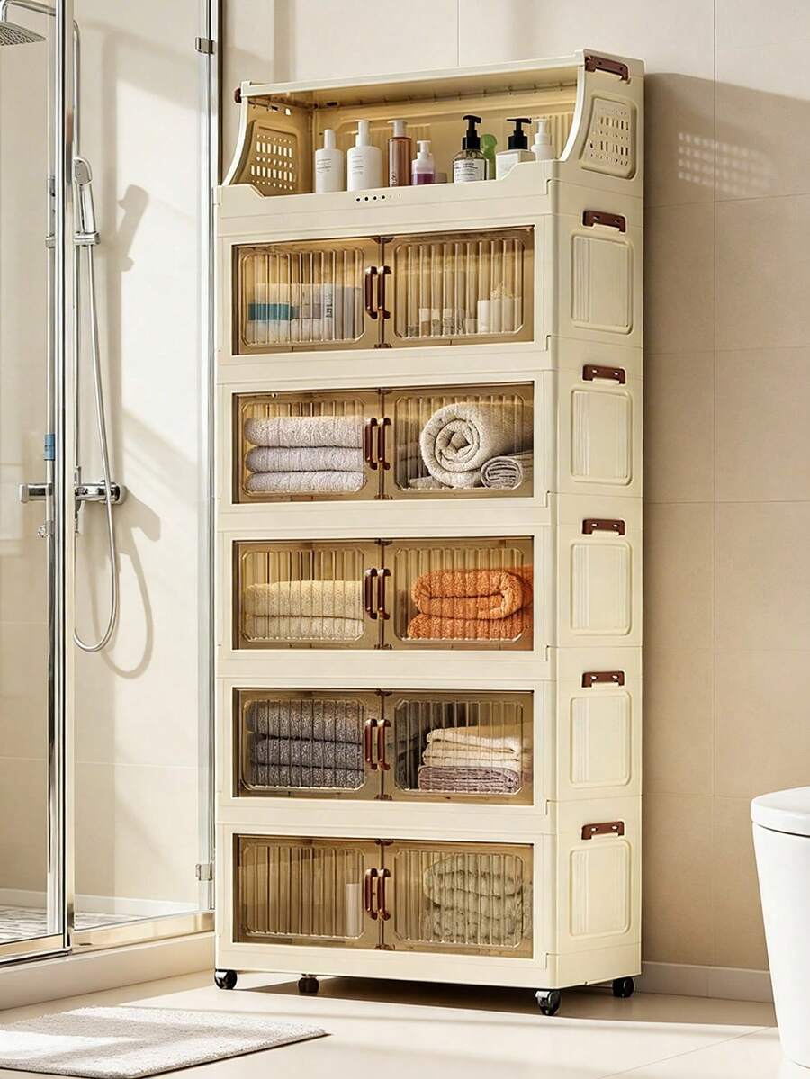 1個 40-60cm/23.62インチ幅 多層プラスチック製 二重ドア収納キャビネット折りたたみ式クローゼット折りたたみ式シェルフユニットホームポータブル ワードローブリビングルームのおもちゃ