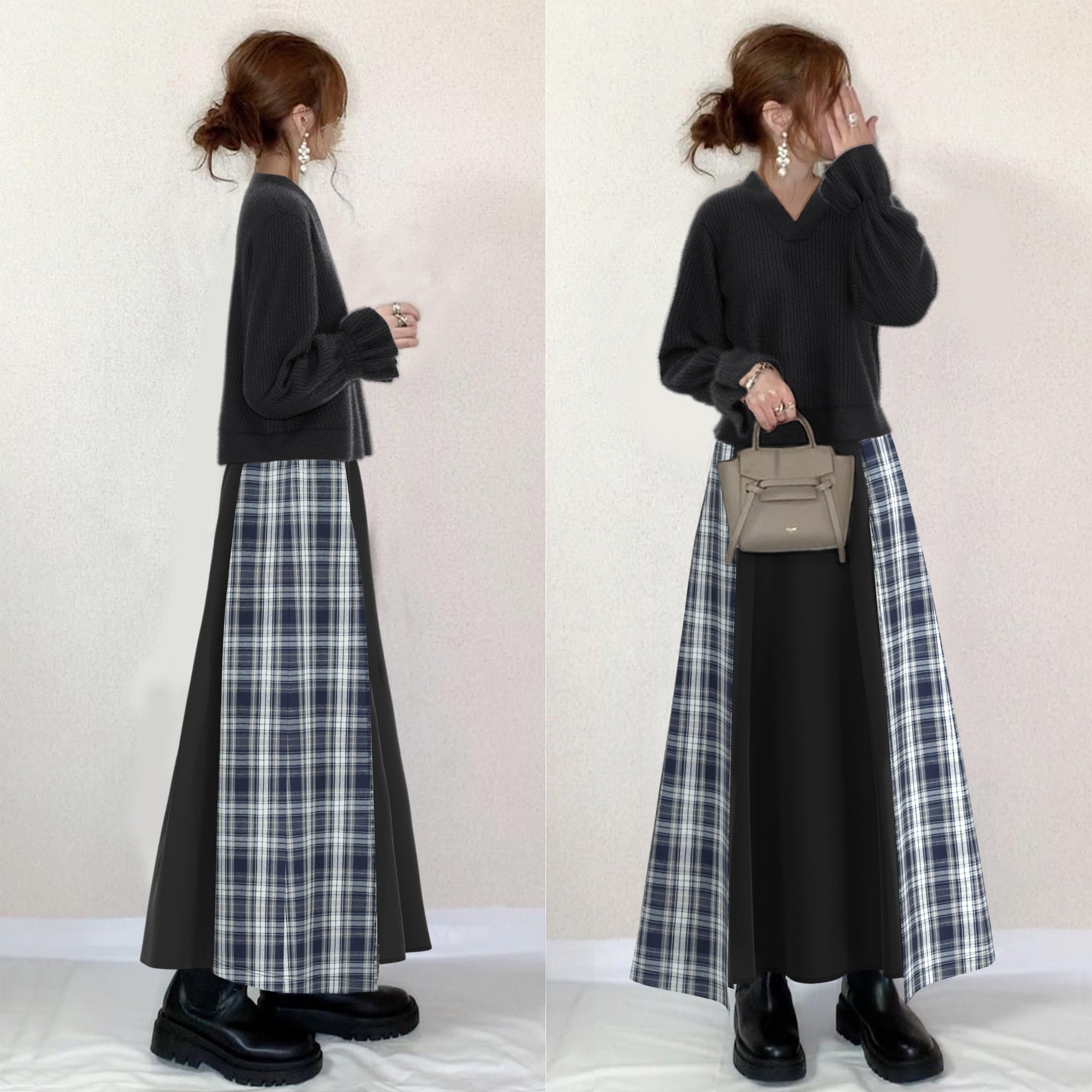 【高級感をかもし出す】 Vネック無地セーター＋チェック柄スカートワンピースセット