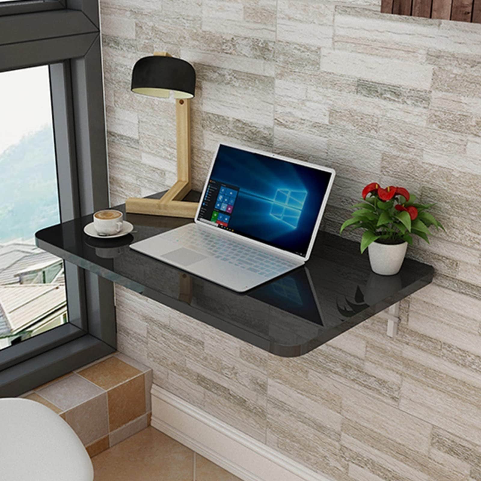 木製壁掛けランドリー折りたたみテーブル 高耐久ブラケット付き 省スペースフローティングデザイン キッチンやランドリールーム用 安定した頑丈な小スペース壁テーブル (ブラック 50x40)