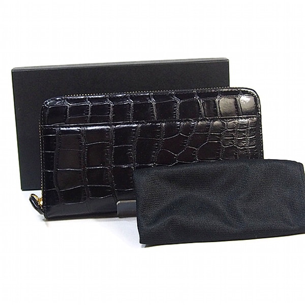 クロコダイル0621 両サイド外ポケット付き ラウンドファスナー クロコダイル ブラック