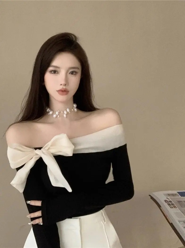 女性用長袖シャツ,フェミニンな結び目のあるブラウス,衝突防止,スリム,ショート,柔らかさ,韓国のファッション,秋 - 200000345