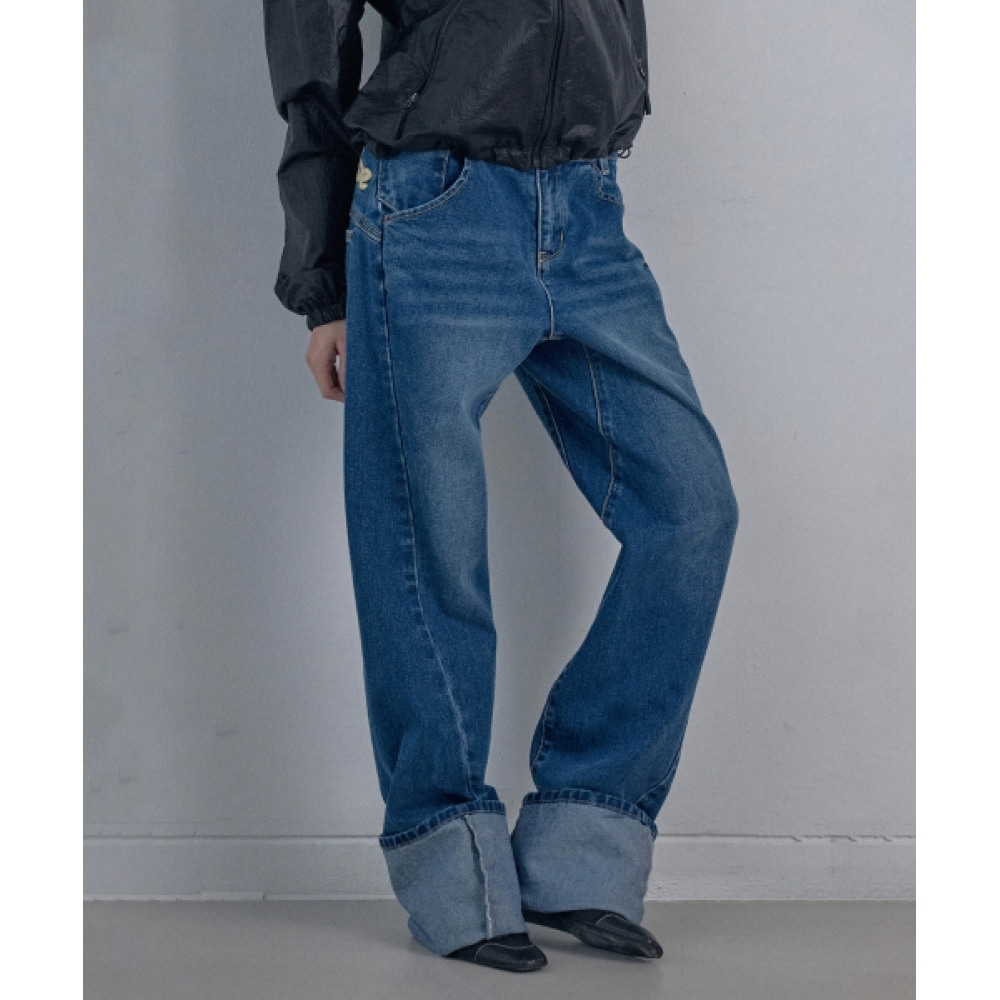 SCULPTOR アップリケロールアップデニムブラッシュドインディゴ