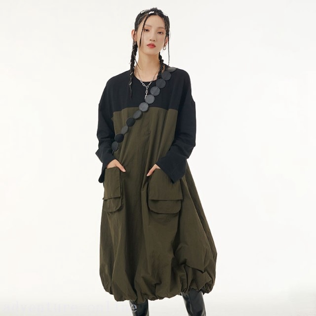 【2025新作入荷】ワンピース ロング レディース 長袖 モード系 レトロ 個性的 バルーン 黒 大人 カジュアル きれいめ ルーズ