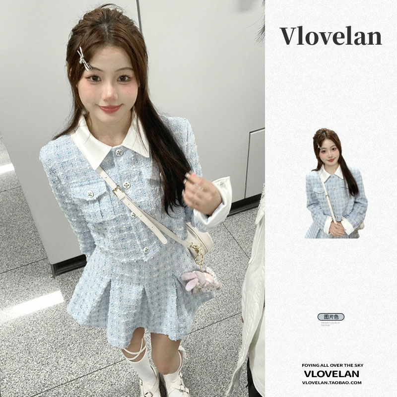 初秋服2024新スタイル小さな香りレトロポロカラースプライシングニットジャケットaラインスカートスーツ女性用