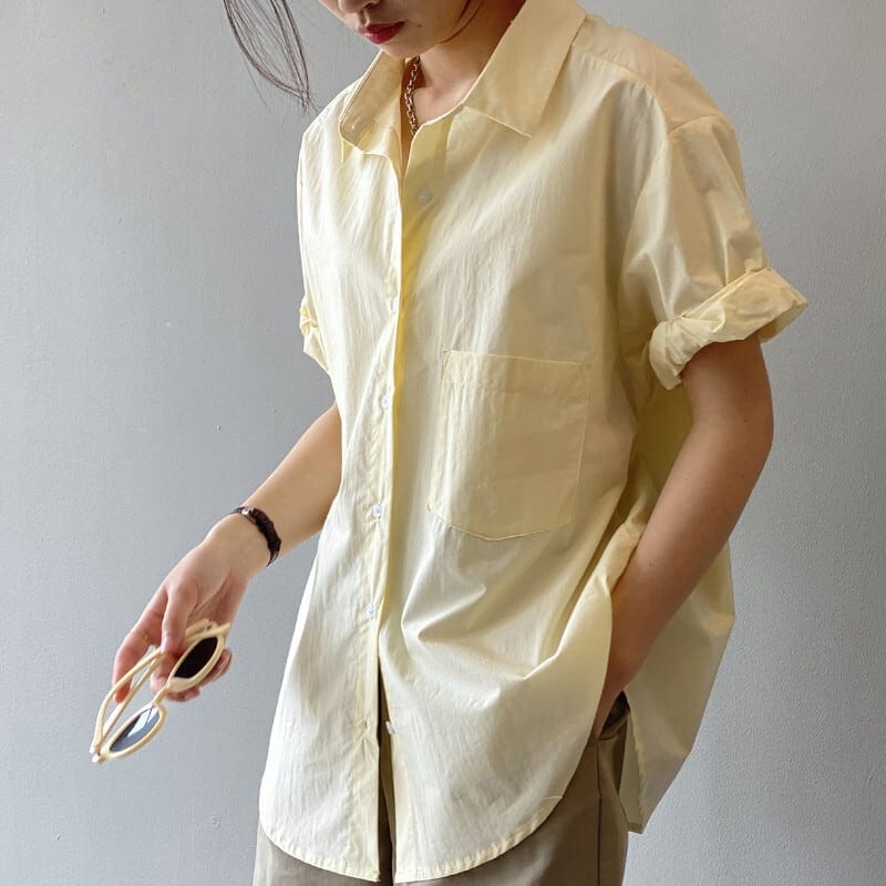 トップス シャツ 半袖 ロールアップ シンプル カジュアル 大人 上品 おしゃれ レトロ こなれ感 ラフ 無地 春 夏 10代 20代 30代 40代 レディース オフィス ビジネス OL 通勤 デー