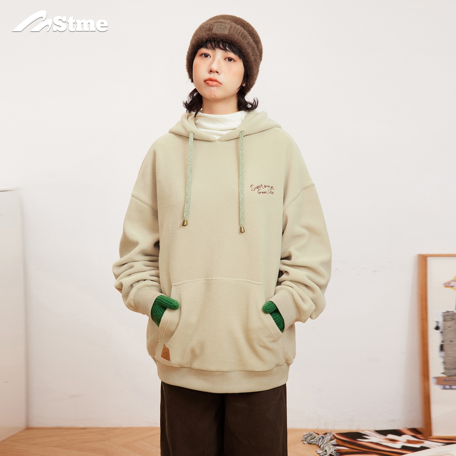 早乙女慶子 Saotome 和風 怠惰 カジュアル 手描き 刺繍 厚手 ポーラーフリース フード スウェットシャツ