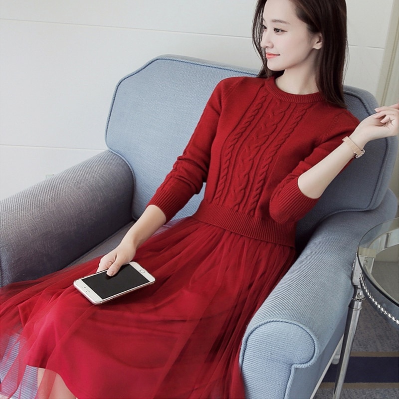 1689.ニットチュールワンピース（レッド）2019 春夏 sale 春夏 sale 通学 デート 結婚式 二次会 お出かけ