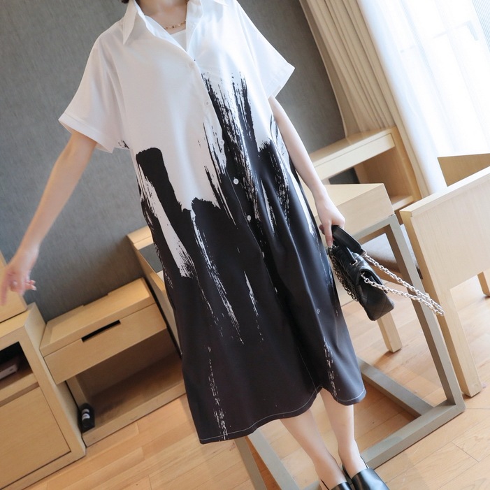 2色 ワンピース 半袖 春夏 カジュアル 大きいサイズ シャツワンピース ミモレ ミモレ丈 7分丈 ミディアム丈 襟付き 角襟 BIGシルエット Aライン 白 ホワイト 黒 ブラック バイカラー モノ