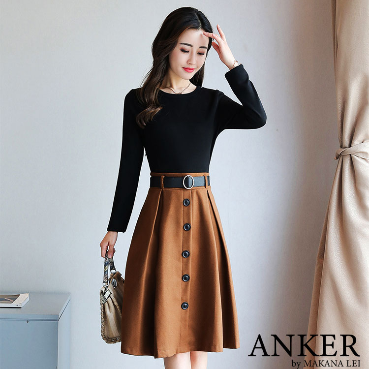 【新作】セール レディース 秋冬 ワンピース ミモレ丈 ミディ丈 フェイクレイヤード キャメル ミモレ Aライン シンプル 膝丈ワンピース 長袖 キレイめ 20代 30代 40代 50代 通勤 通学