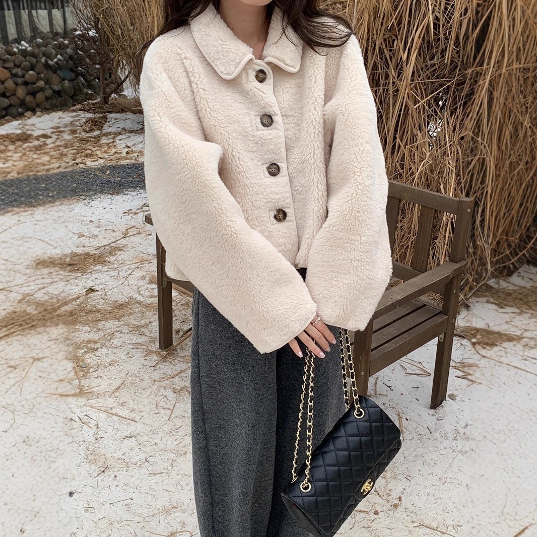 襟付きシングルボタンボアアウター 加厚保温 ファーレザー一体型ショートコート フェイクファー