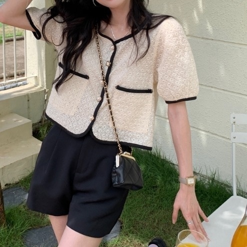 トップス レディース ブラウス シャツ 半袖 S M 韓国 襟あり バイカラージャケット 羽織り 総レース パフスリーブ 前開き かわいい 大人可愛い レトロ クラシック アンティーク シンプル 大人