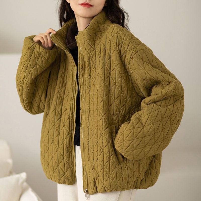 【フリース厚手】2023秋冬 ダイヤモンドチェック柄 ゆったり 大きいサイズ ファッション カジュアル ウエスタン風 スタンドカラー 中綿 ジャケット レディース