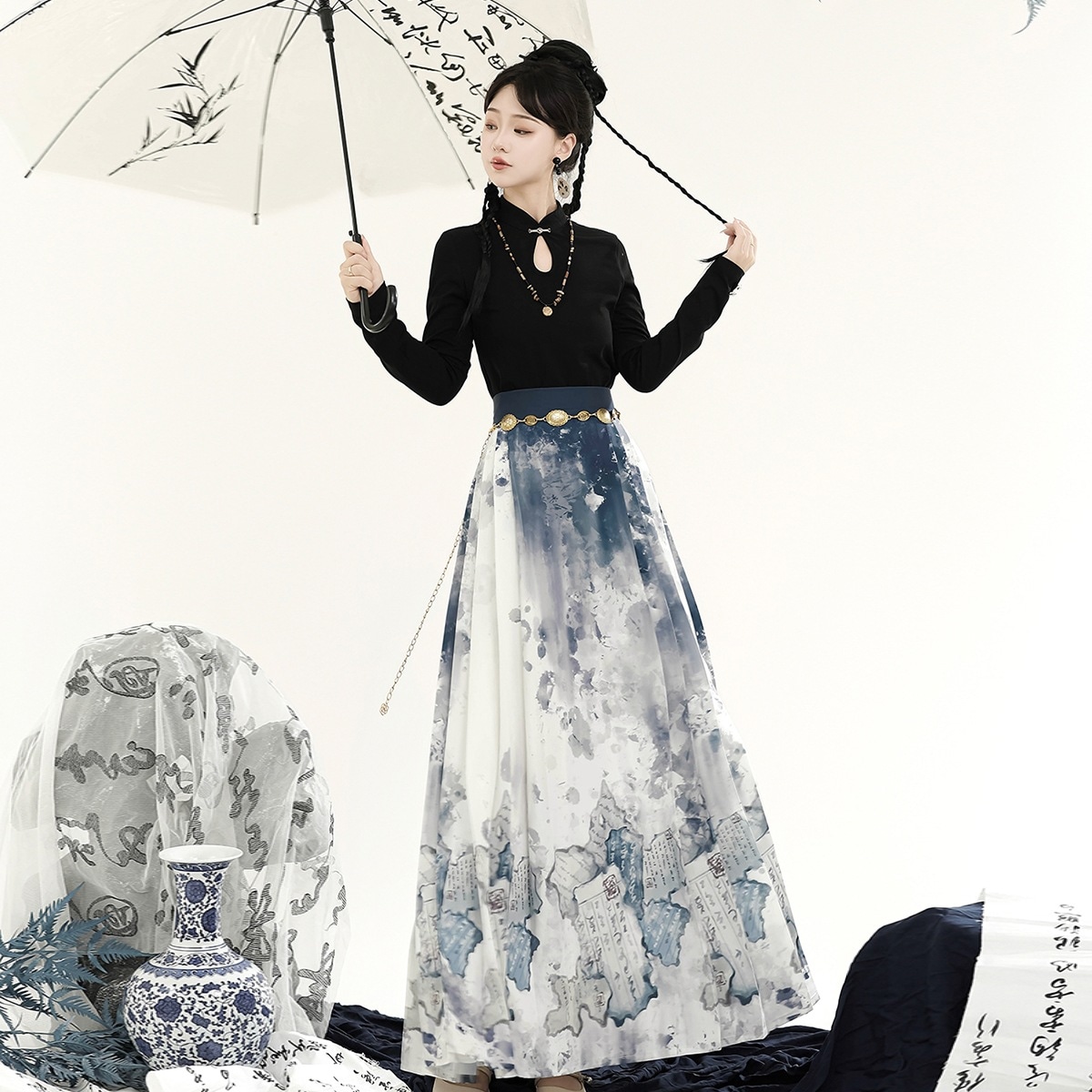 正規品本は新しい韓国改良cos服水墨書道馬スカート女性秋を引きます 12,330円