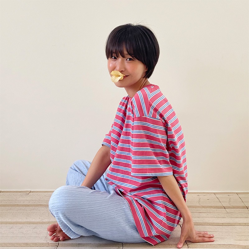 ストライプビスケット ルーズフィット 半袖Tシャツ (ピンク) 4,586円