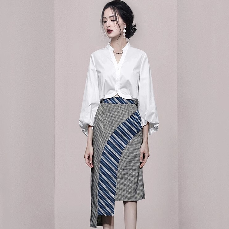 セットアップ ツーピース ブラウス スプライシングスカート ひざ丈 Vネック かわいい 大人可愛い きれいめ シンプル カジュアル 大人 上品 おしゃれ お洒落 かっこいい レトロ 大人女子 こなれ感