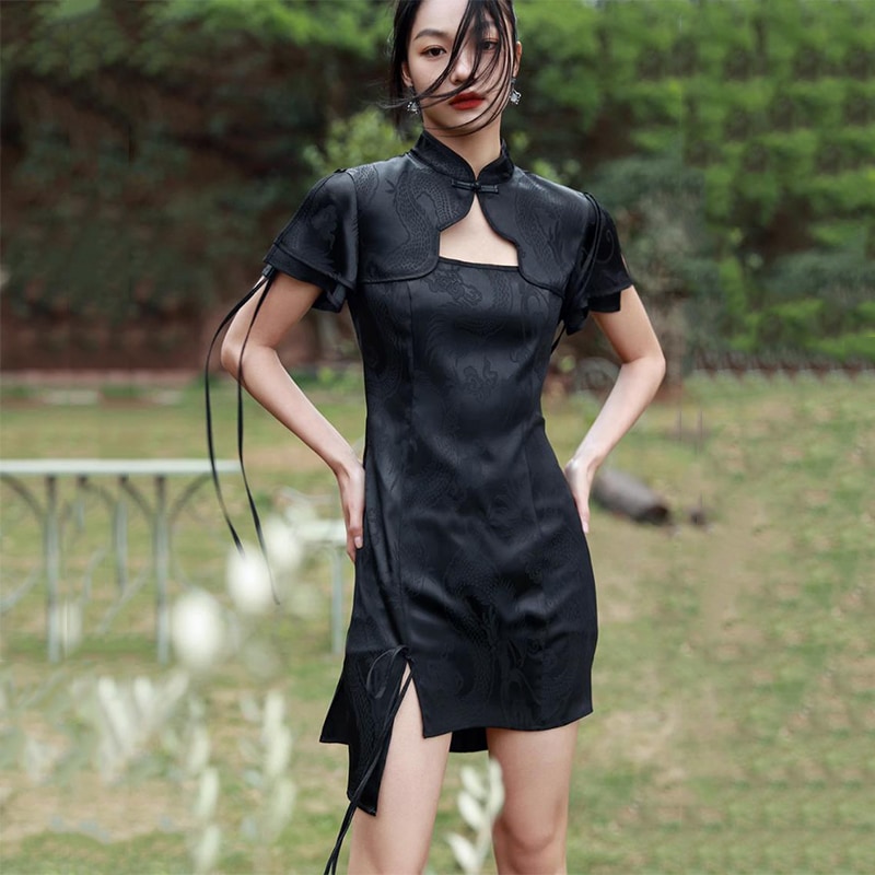 チャイナ風ワンピース 龍紋 スタンドカラー 重ね着風ワンピース 半袖 パーティードレス 黒 改良チャイナドレス ミニワンピース 卒業式 低身長 6,616円