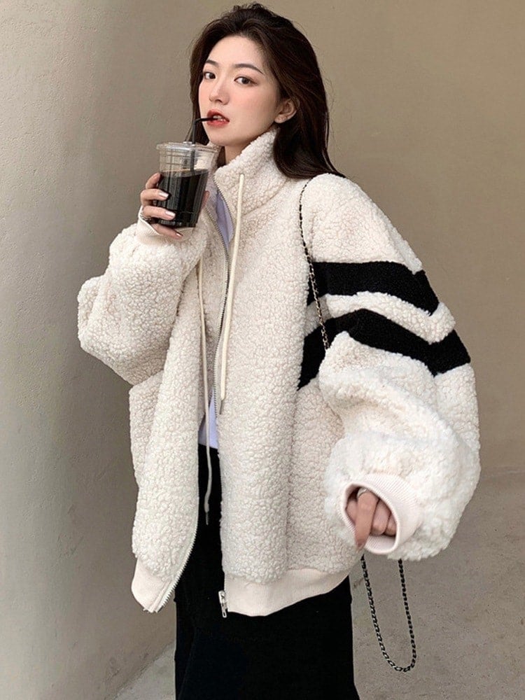 2024秋冬ボアブルゾン ボアジャケット 袖ライン アウター フェイクラムウール もこもこ オーバーサイズ 防寒 ゆったり ルーズ 長袖 冬 レトロ