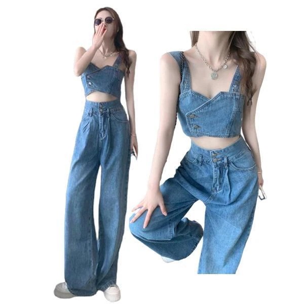 【超お得1つ買うと10個もらえる】急速出荷7月最新デザイン&20%OFFレディース デニム セットアップ韓国 ガールズ ダンス衣装 ヒップホップ デニムパンツ 可愛い デニムタンク へそ出し 2点セッ