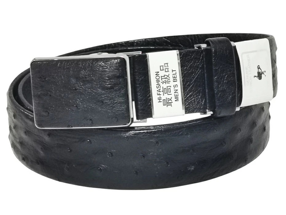 OSTRICH MENS BELT オーストリッチ (本革) メンズ ベルト 日本製 ラバーストッパー付バックル ～110cｍ対応 カット可能 ブラック×シルバー