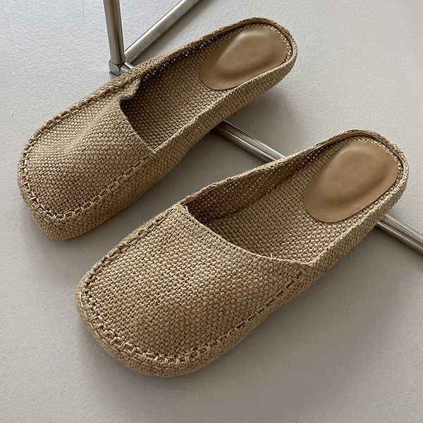 サンダル オブリークトゥ フラット ラタン レディース