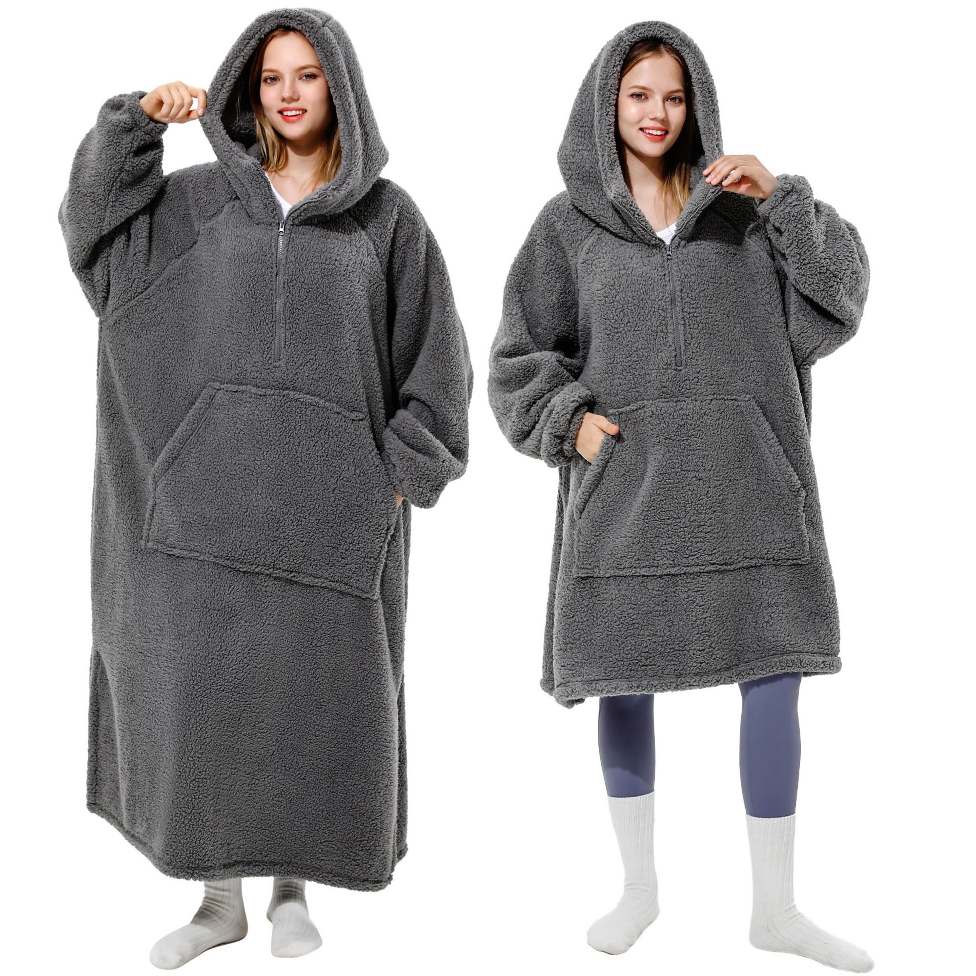 [Winthome] 着る毛布 ロング丈 ルームウェア ジッパー付き 部屋着 全身カバー ゲーミング 裏起毛シープボア もこもこ 着るブランケット 軽量 保温 フード ポケット付 ガウン 大きいサイズ