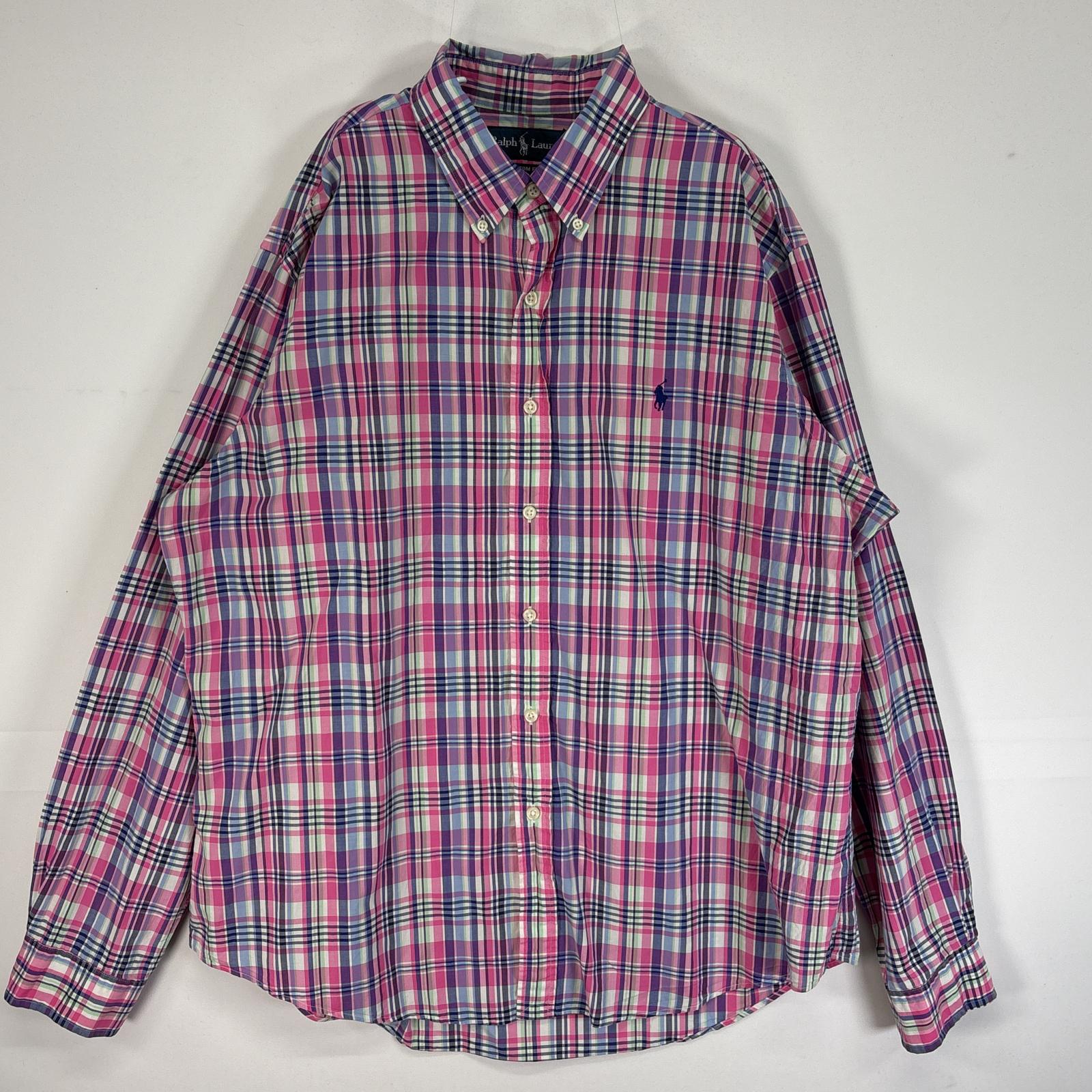 古着 長袖シャツ ロゴ 刺繍 ボタンダウン 薄手 チェック XL ピンク系 マルチカラー メンズ 5,225円