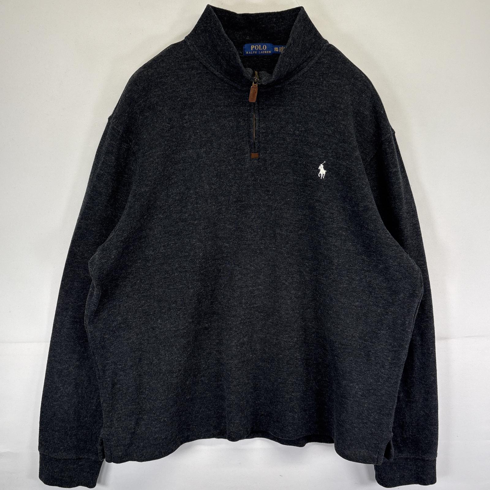 古着 スウェット ハーフジップ トレーナー 大きいサイズ ワンポイント ニット XXL ダークグレー系 メンズ