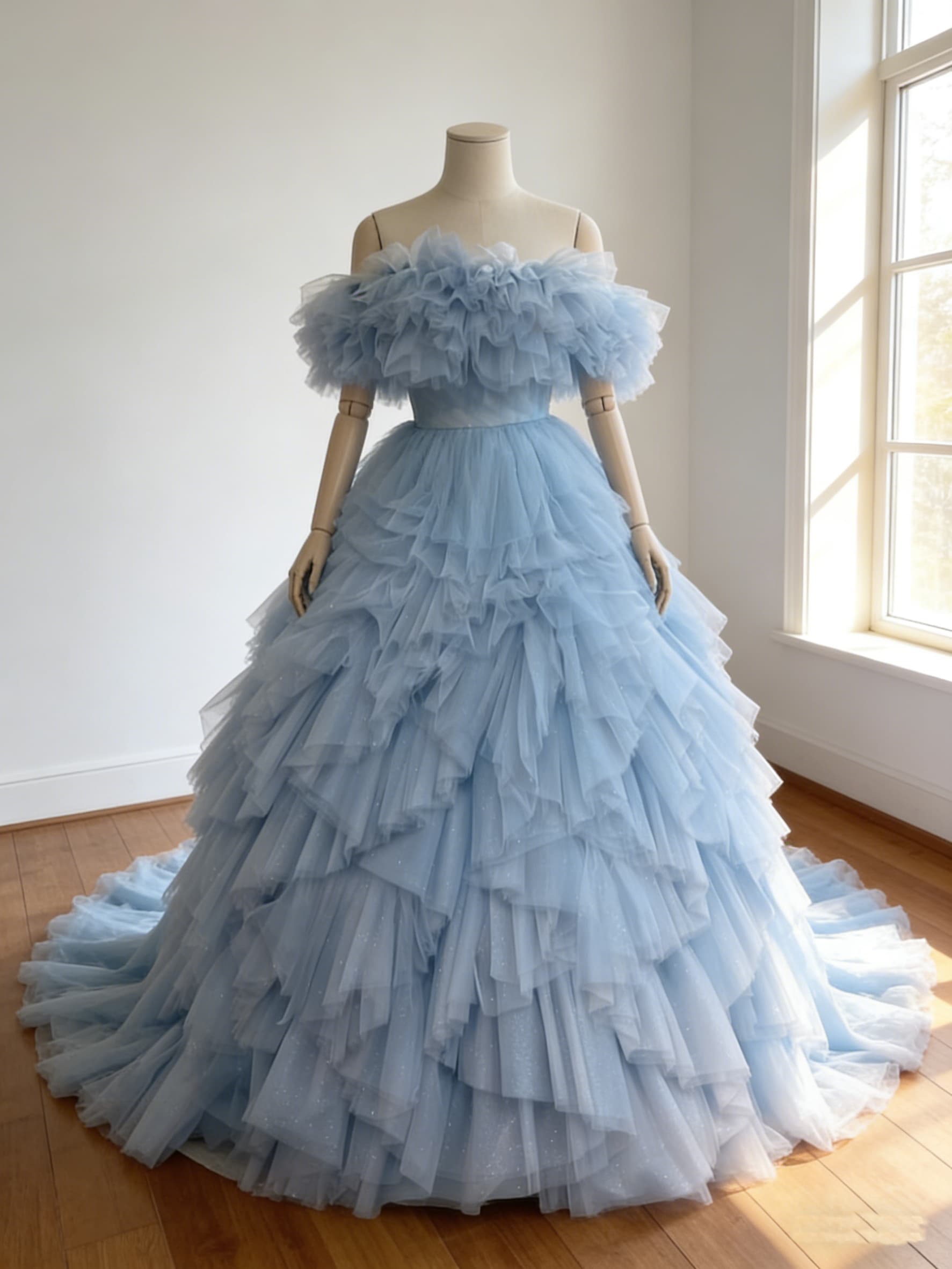 カラードレス 爽やかで優しいブルー 取り外し可能なオフショルダーボリュームドレス アシンメトリードレス 結婚式