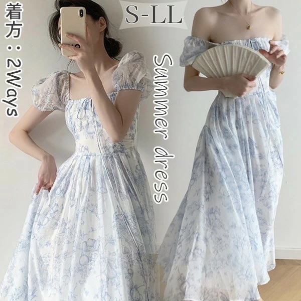 2Ways パフスリーブ ワンピース レディース スクエアネック 花柄 オフショルダー 大人可愛い 夏ワンピ 韓国 パフスリーブ 半袖 おしゃれ かわいい リゾート 小柄 沖縄 二次会 入学式 bi1