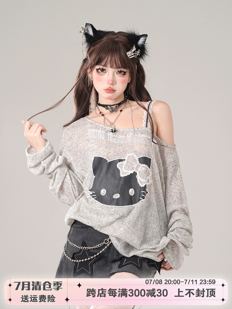 ハローキティキャミソールワンピースkellykittykitty 猫 怠惰な焼け止めブラウス チュール Tシャツ レディース 夏 オフショルダー アウター トップス