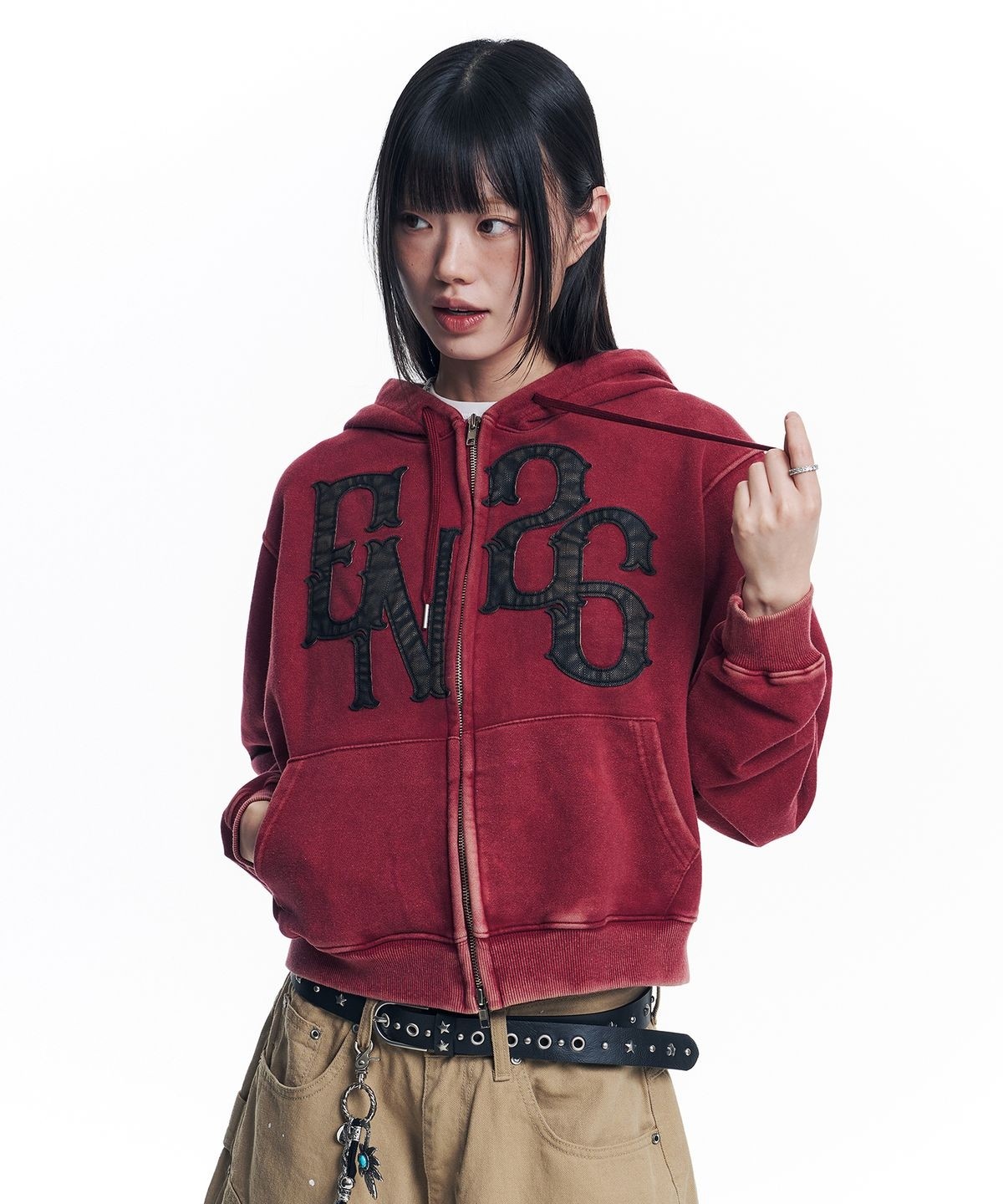イジノイジ ウォッシュドレザーパッチフードジップアップ - Wine/Brown/Black