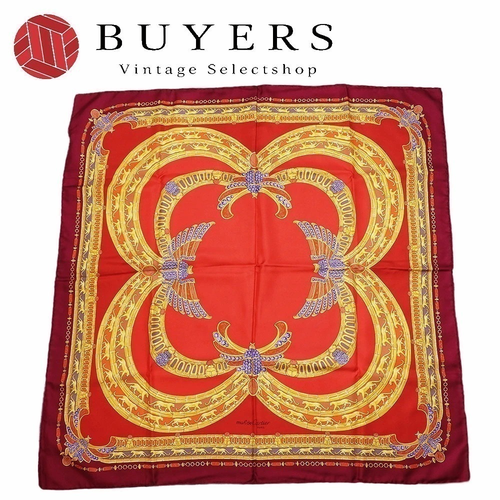 中古 カルティエ マスト ドゥ カルティエ スカーフ シルク100％ レッド ボルドー系 小物 おしゃれ レディース 女性 Cartier Must de Cartier scarf red bord