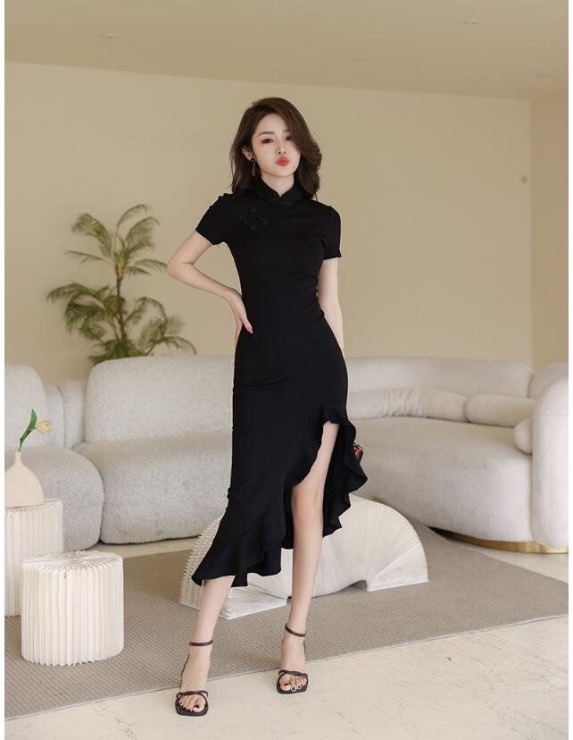 ワンピース ブラック チャイナワンピース セクシー キレイめ スリット タイトワンピース 韓国風ワンピース キャバドレス お嬢様 デート お出かけ 優雅 無地 ロングワンピース 半袖 パーティードレス